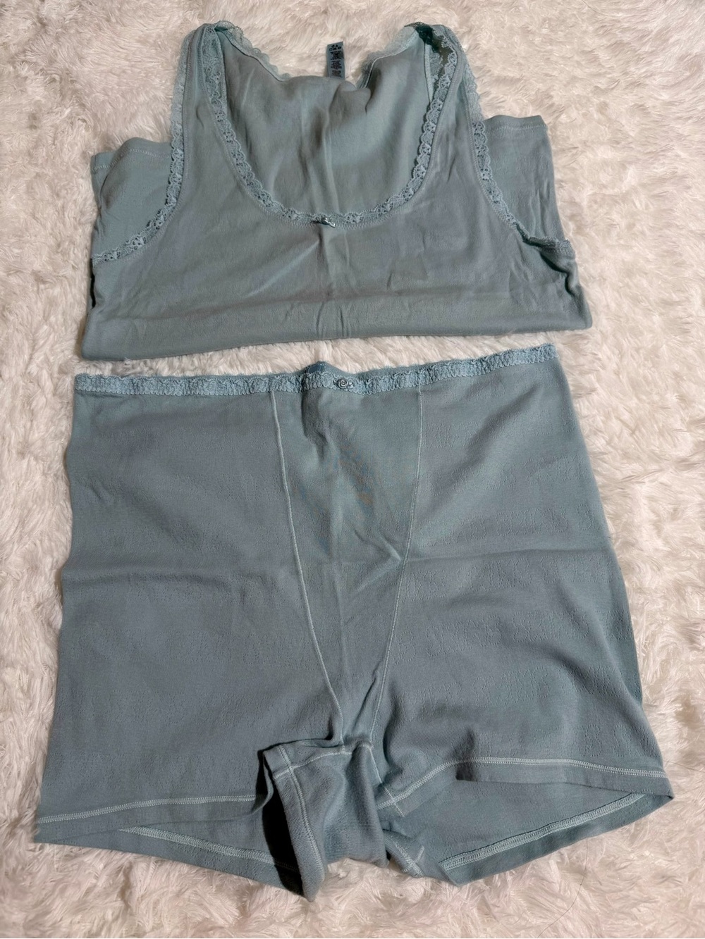 SKIMS 4X Matching Lace Pajama Set Pointelle Shorts Tank Top Light Blue Soft Cute